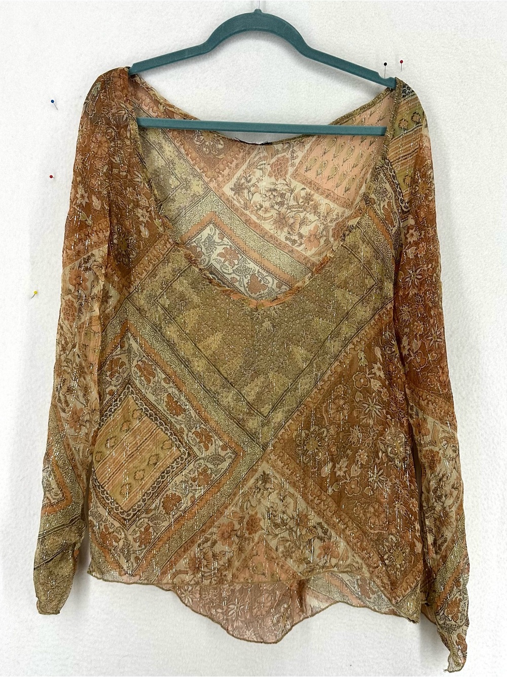 Y2K Sharagano Silk Metallic Patchwork Top Women’s Medium Made in Italy